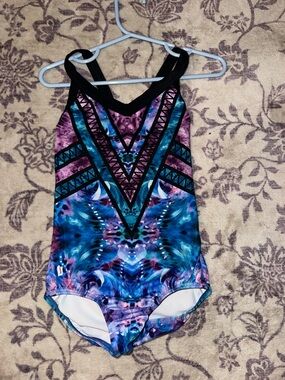 Kids Black Strappy One-Piece Swimsuit with Purple & Blue Tie-Dye Pattern